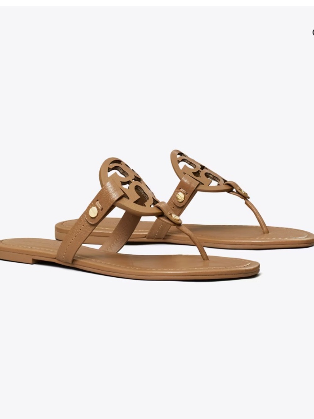 Tory Burch Tan Leather Logo Thong Sandals with Gold Accents